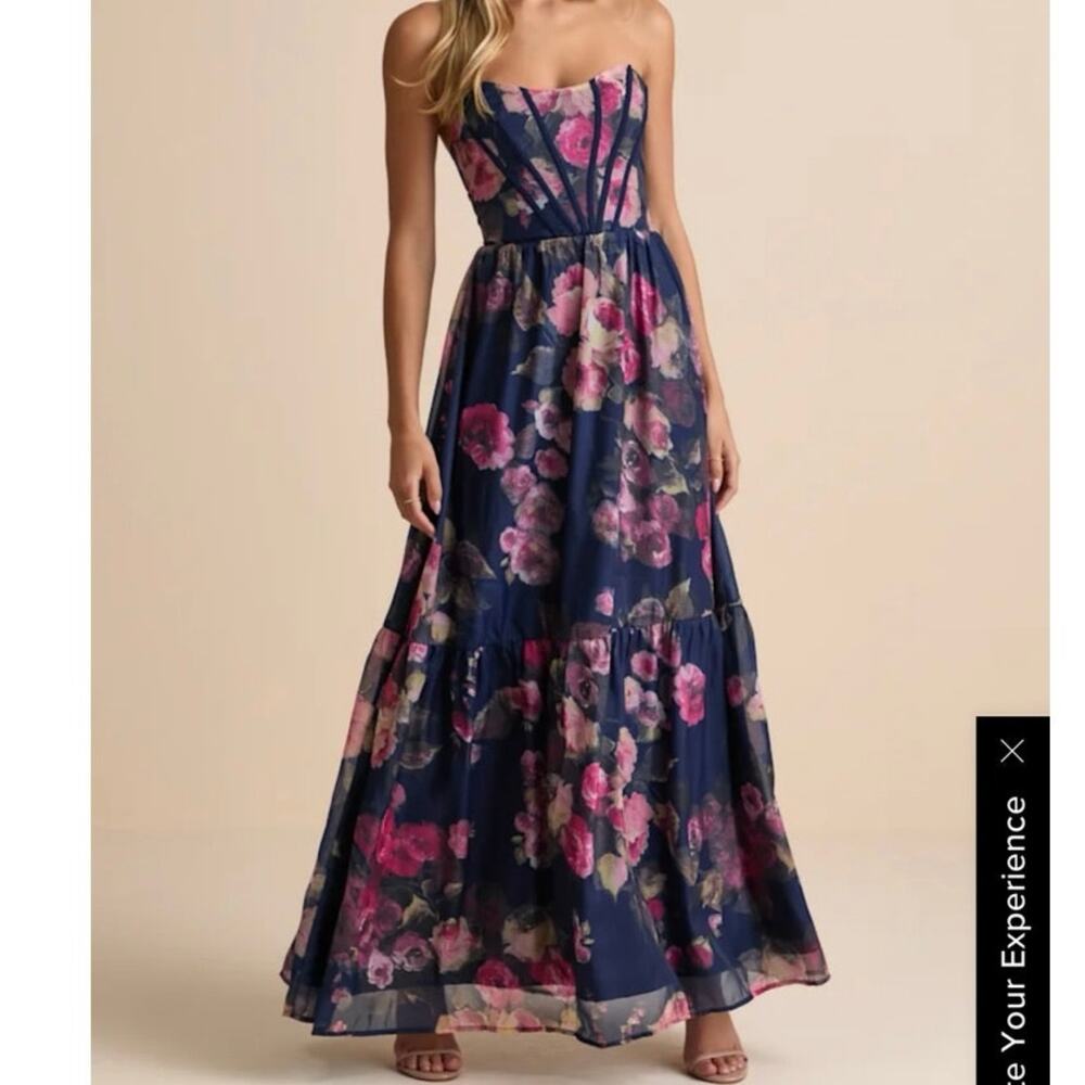 Lulu's Navy Floral Strapless Maxi Dress with Pink Blooms